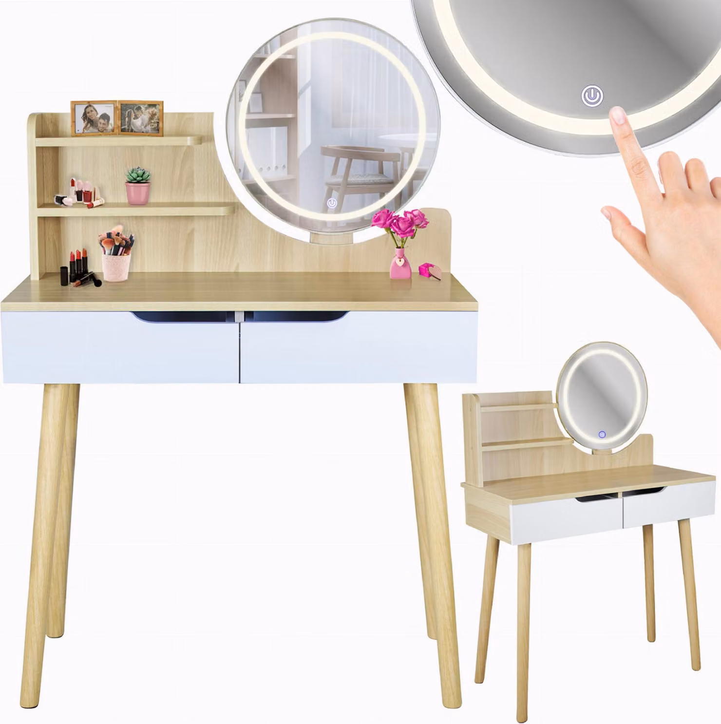 JUMI Toilette con specchio LED SCANDI cosmetico Scandinavo loft legno bianco