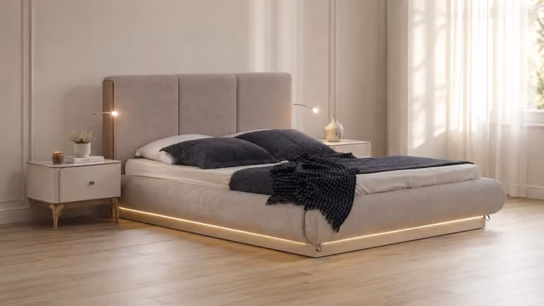 Set per camera da letto elegante, design beige, con letto imbottito, 2 comodini e illuminazione LED
