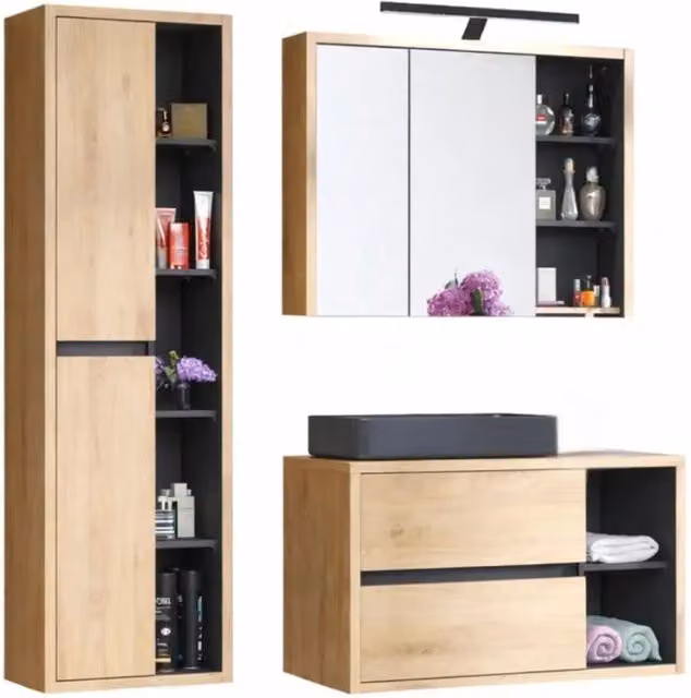 Set bagno Meublorama Matt composto da mobile sottolavabo, lavabo da appoggio nero, colonna contenitore e armadietti con specchio e illuminazione LED in finitura rovere, antracite e nero