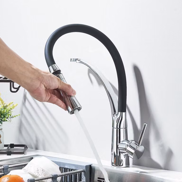 Miscelatore da cucina con doccetta estraibile - Due tipi di getto - Acqua calda e fredda - Monocomando - Cartuccia in Vetroceramica - Installazione monoblocco - Cromato