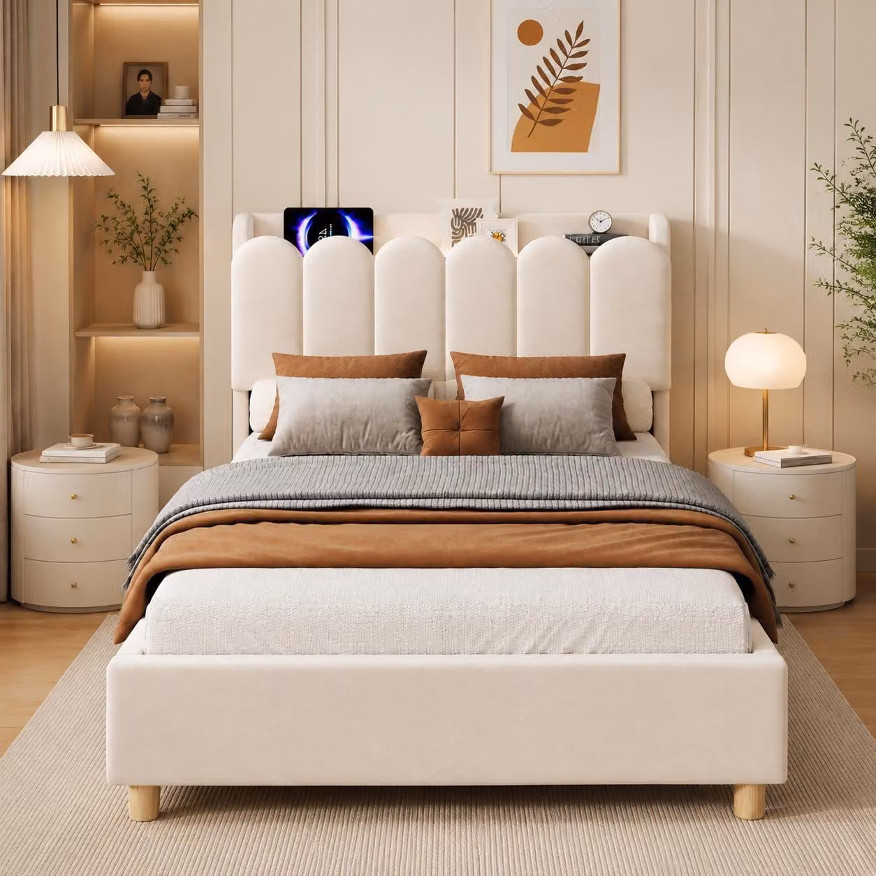 Letto imbottito Flieks, 90x200 cm, con USB e Type-C, letto per ragazzi a una piazza con luce notturna, letto contenitore per bambini con rete a doghe, in velluto, color beige