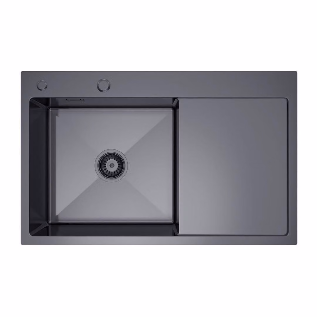 VBChome Lavello da cucina 78×49 cm in acciaio inossidabile color grafite con sgocciolatoio a destra – Lavello a vasca singola da incasso, profondità 21 cm, mobile sottolavello minimo 50 cm