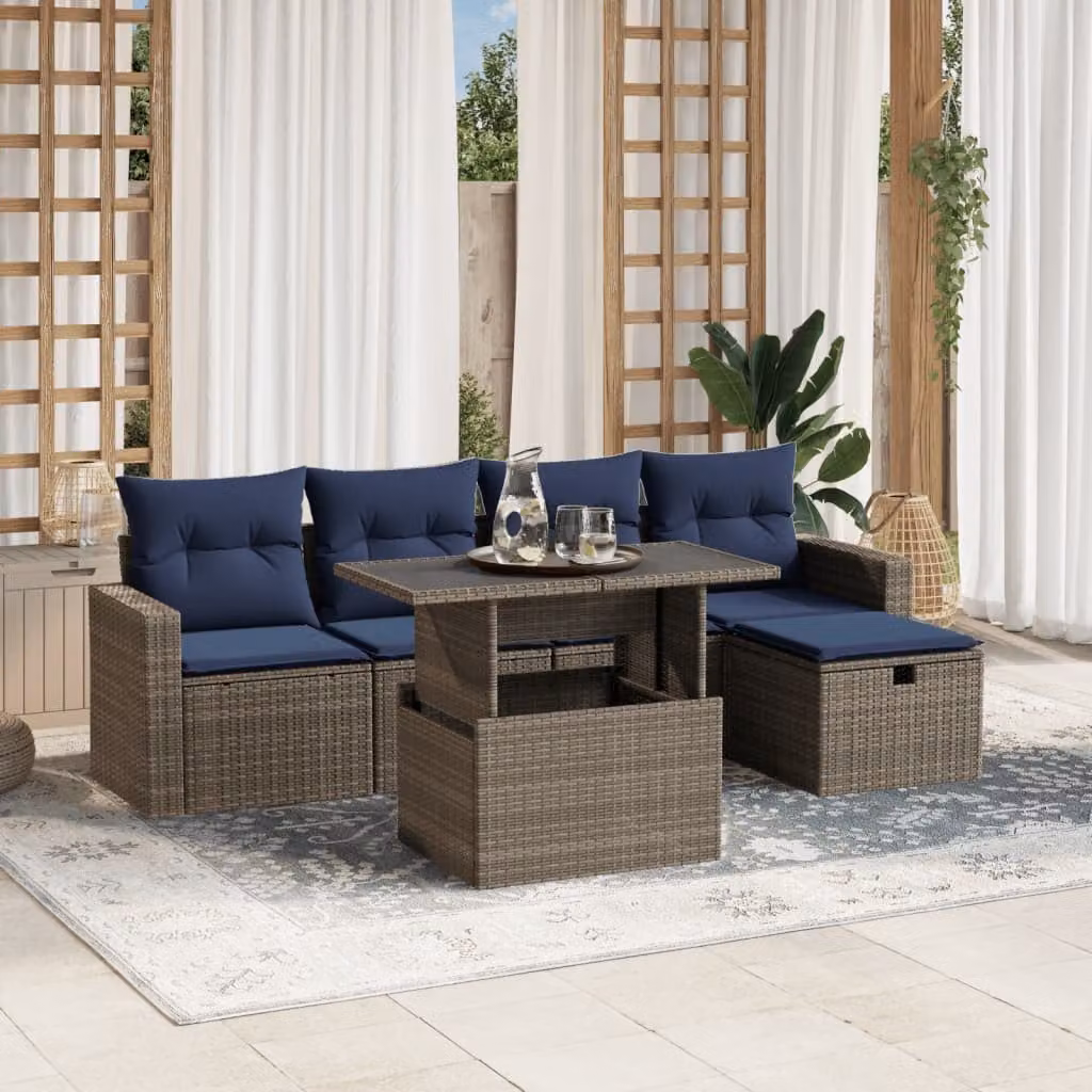 Set di divani da giardino vidaXL in polyrattan e metallo con cuscini, 6 pezzi, grigio e blu