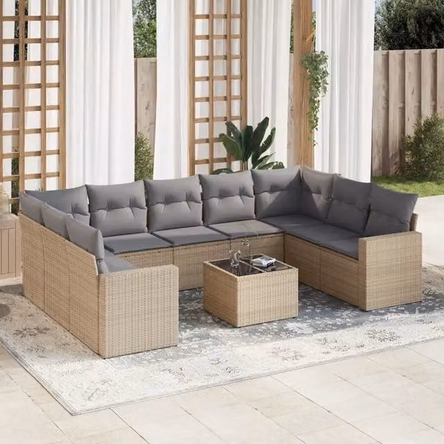 Set Divano da Giardino VIDAXL in Polyrattan con 10 Cuscini Beige Moderno