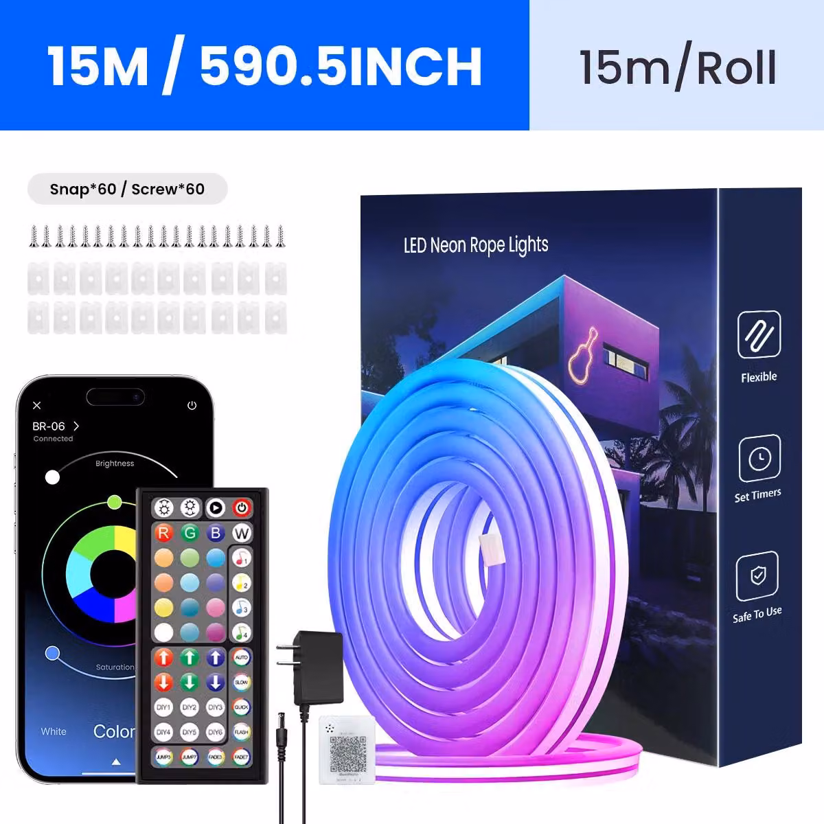 Striscia LED RGB Neon - Modello flessibile - 15 metri - Controllo tramite app - Telecomando - Sincronizzazione con la musica - Grado di protezione IP65 (resistente all'acqua) - 24 V