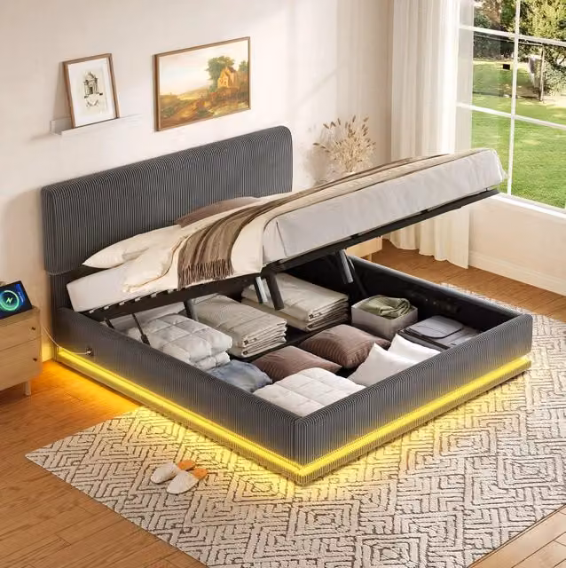 Letto contenitore 160x200 grigio scuro con LED, USB-C, testiera regolabile e contenitore