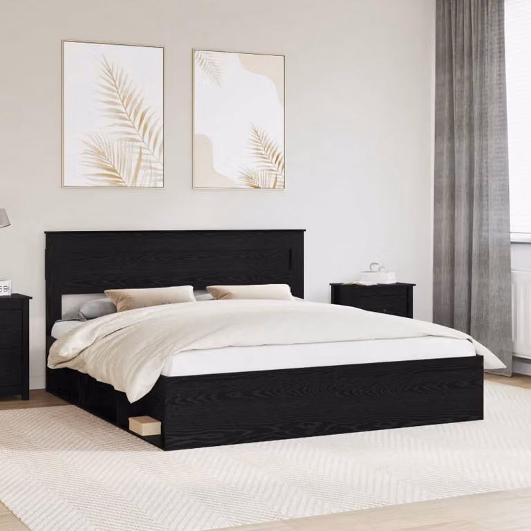 Struttura del letto moderna vidaXL in pino massello con cassetti, Nero, 200 x 200 cm
