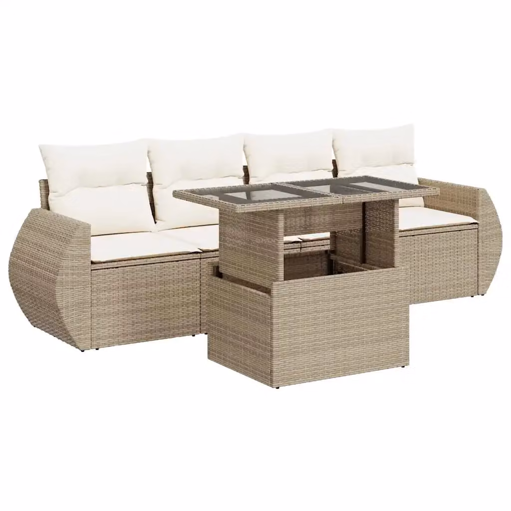 Set Divano da Giardino 5 Pezzi vidaXL con Cuscini Beige e Tavolino in Polyrattan e Metallo – 2