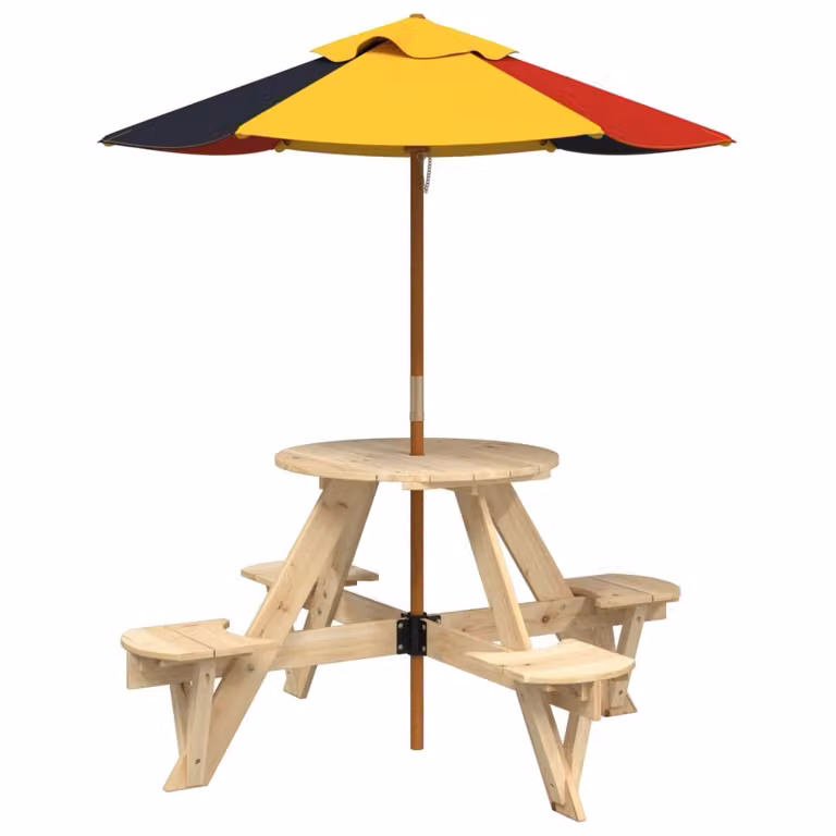Tavolo Picnic per 4 Bambini con Ombrellone Rotondo Legno Abete