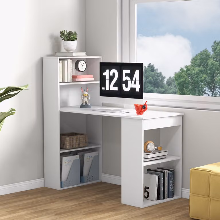 Scrivania per computer Costway con libreria integrata e 6 ripiani, postazione di studio moderna in bianco