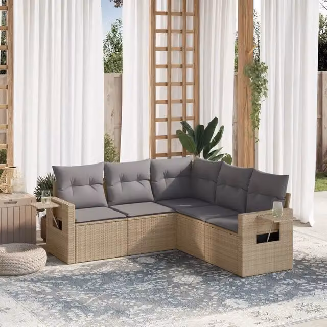 Set Divano da Giardino 5 pz con Cuscini-Sofa da Giardino-Divanetto da esterno Beige in Polyrattan 892135