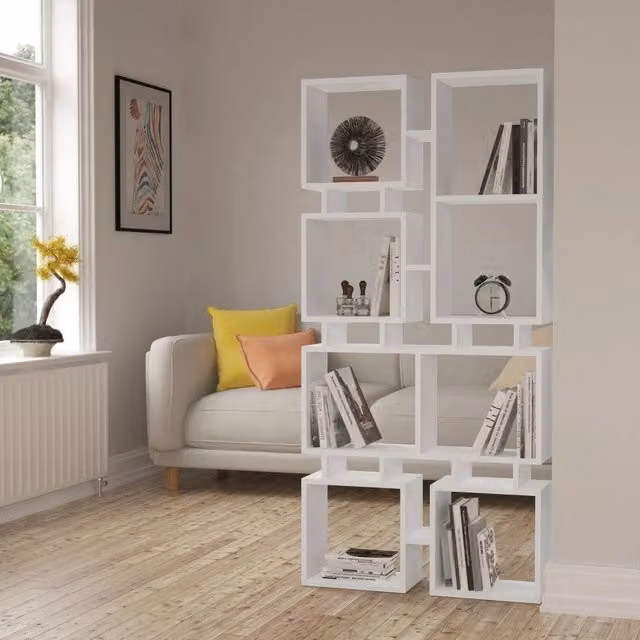 Libreria bifacciale Rail bianca con design moderno e struttura geometrica L: 79 cm, H: 166,5 cm