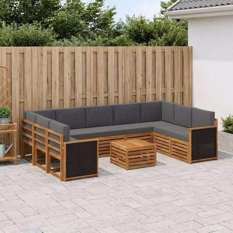Set di divani da esterno vidaXL in legno di acacia con cuscini, composizione a L con tavolino, colori beige e antracite