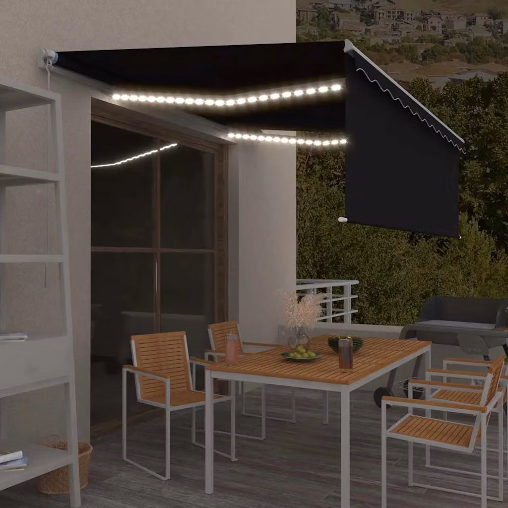 Tenda da Sole Retrattile Manuale con LED vidaXL, Colore Antracite e Bianco, L: 450 cm, P: 300 cm
