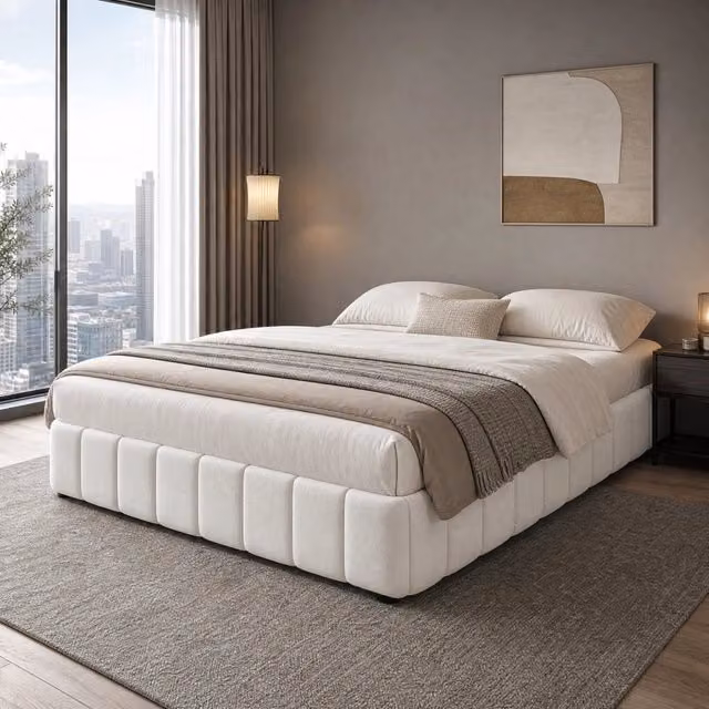 Letto imbottito 140 x 200 cm con contenitore idraulico; senza testiera; lino beige