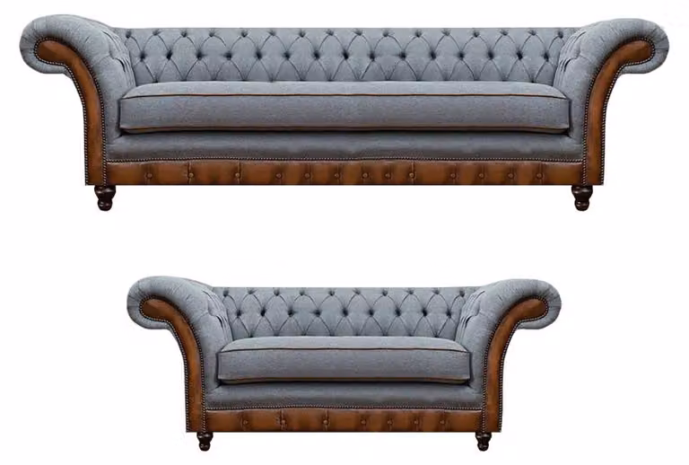 Chesterfield Hellgrau-Braune Sitzmöbel Designer Dreisitzer 2-Sitzer 2tlg