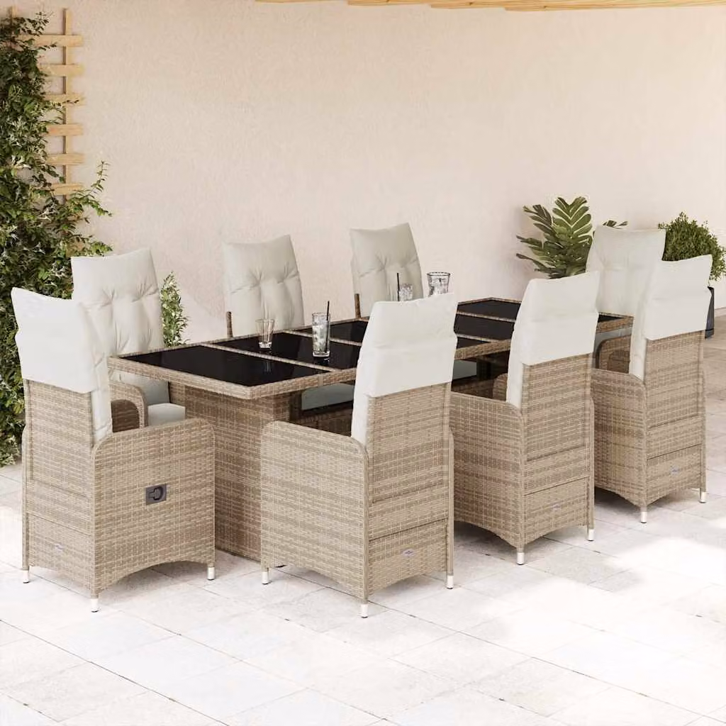Set da Bistrò da Giardino vidaXL 9 pz in Polyrattan con Cuscini Beige e Piano in Vetro