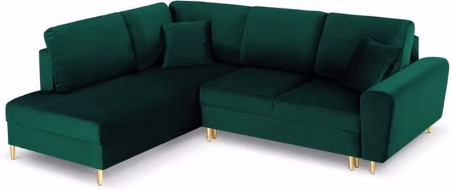Divano angolare convertibile Kyoto Cosmopolitan Design con contenitore, 5 posti, in velluto verde bottiglia e oro, lato sinistro, L: 243 cm, P: 194 cm, H: 88 cm