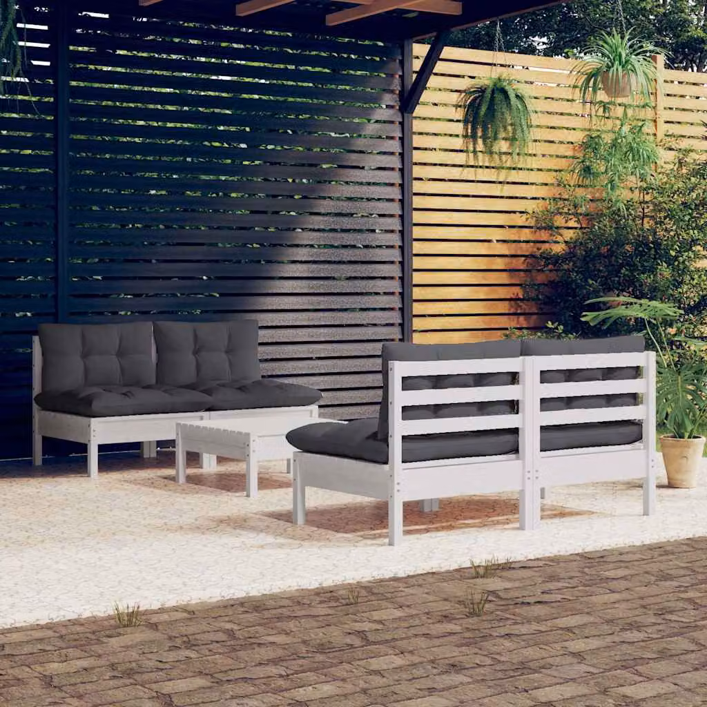 Set Divani da Giardino vidaXL 5 Pezzi a Forma di L in Legno di Pino con Cuscini Antracite e Bianco
