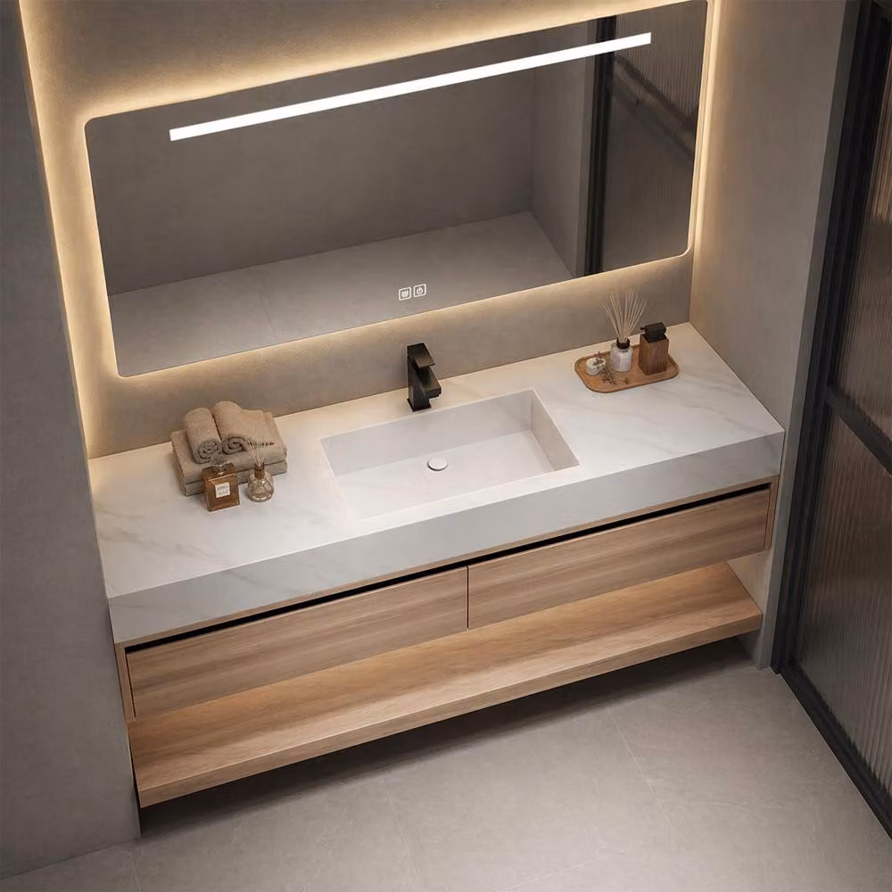 Set composto da lavabo con finitura effetto legno, mobile base in pietra sinterizzata bianca, piano di lavoro e specchio 100×55 cm 【YT3256-100 K】