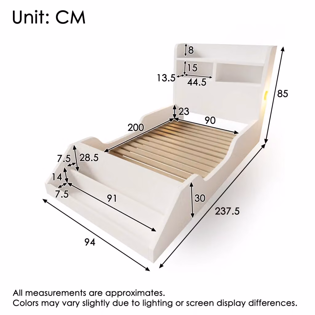 Letto per bambini KOMHTOM in legno bianco con vani laterali e illuminazione integrata L/P/H: 237.5 x 90 x 200 cm – 2