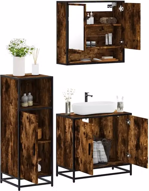 Set Mobili da Bagno 3 pz Rovere Fumo in Legno Multistrato 3300977