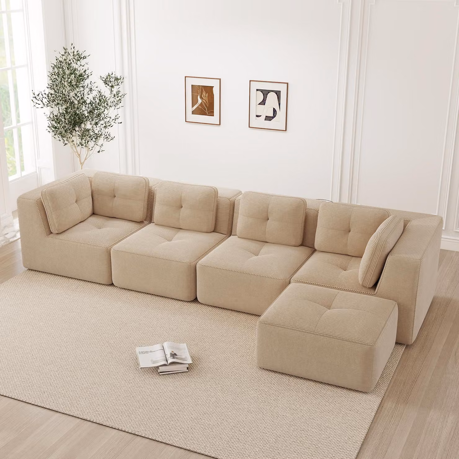 Divano modulare per soggiorno, senza necessità di montaggio, 4 posti, rivestito in corda, seduta profonda, antiscivolo (beige)