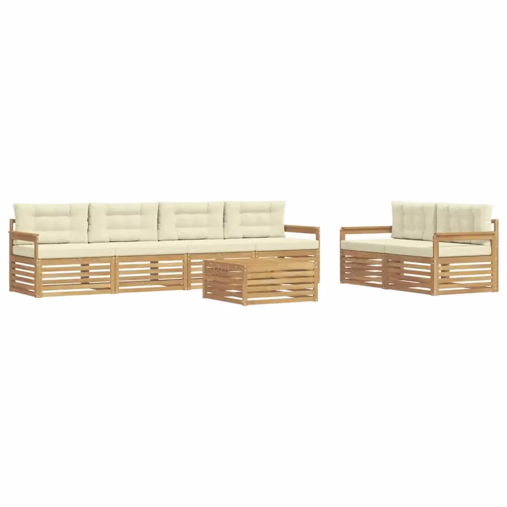 Set di mobili da giardino vidaXL composto da 7 pezzi con divano a 3 posti, poltrone, tavolino da caffè e cuscini in tessuto bianco e beige con struttura in legno di acacia trattato – 2