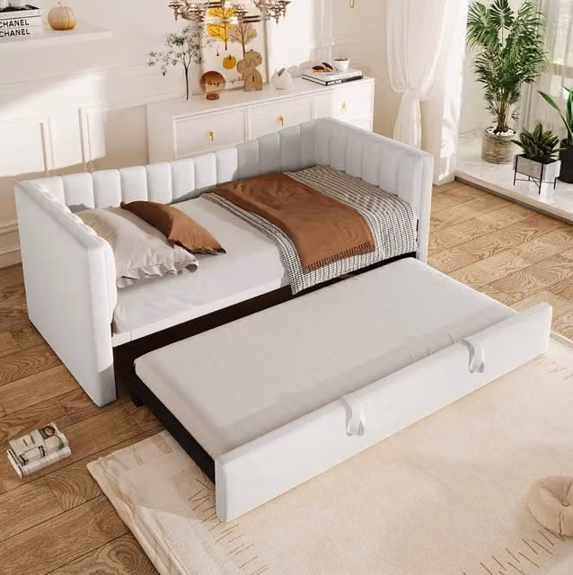 Divano letto 215x196.5x75 cm con letto estraibile; facile da pulire; velluto; bianco