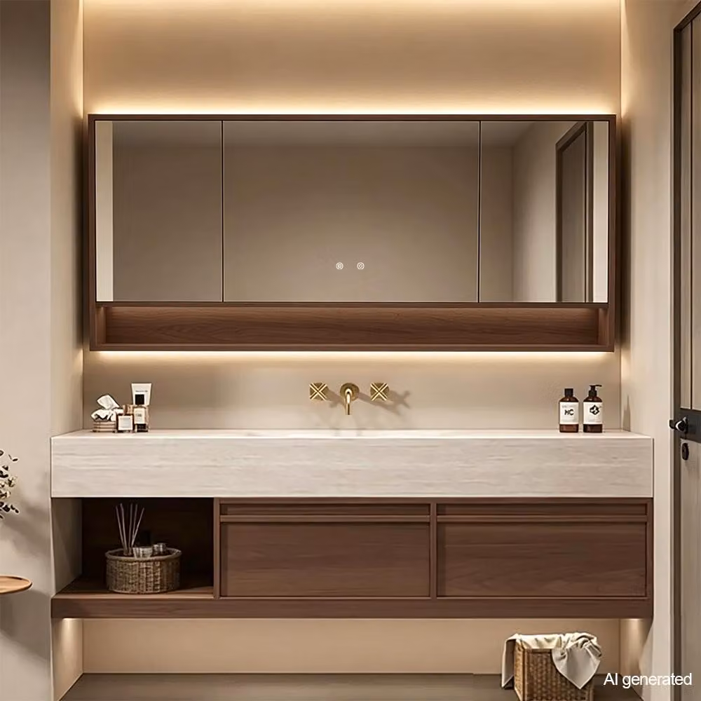 Set di mobili da bagno con lavabo in pietra sinterizzata, mobile sottolavabo sospeso e pensile a specchio, moderno lavabo per il bagno, dimensioni 110x55 cm [RW016-110JG BKK]