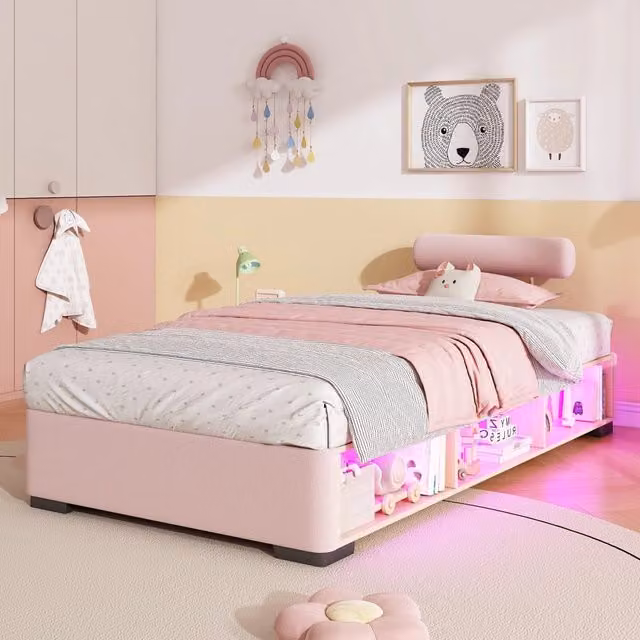 Letto singolo in velluto rosa 90x200 cm con scaffale laterale LED e poggiatesta riposizionabile per cameretta
