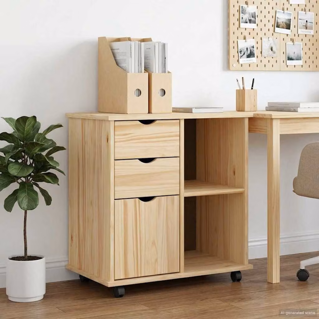 Carrello mobile con ruote vidaXL in legno di pino massello, L 63,5 cm x P 39 cm x H 65,5 cm