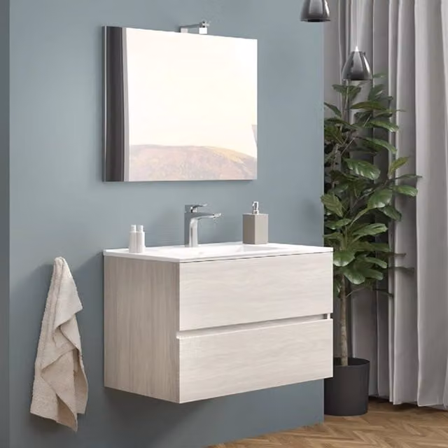 Composizione bagno 2 cassettoni con lavabo in ceramica e specchio con lampada led