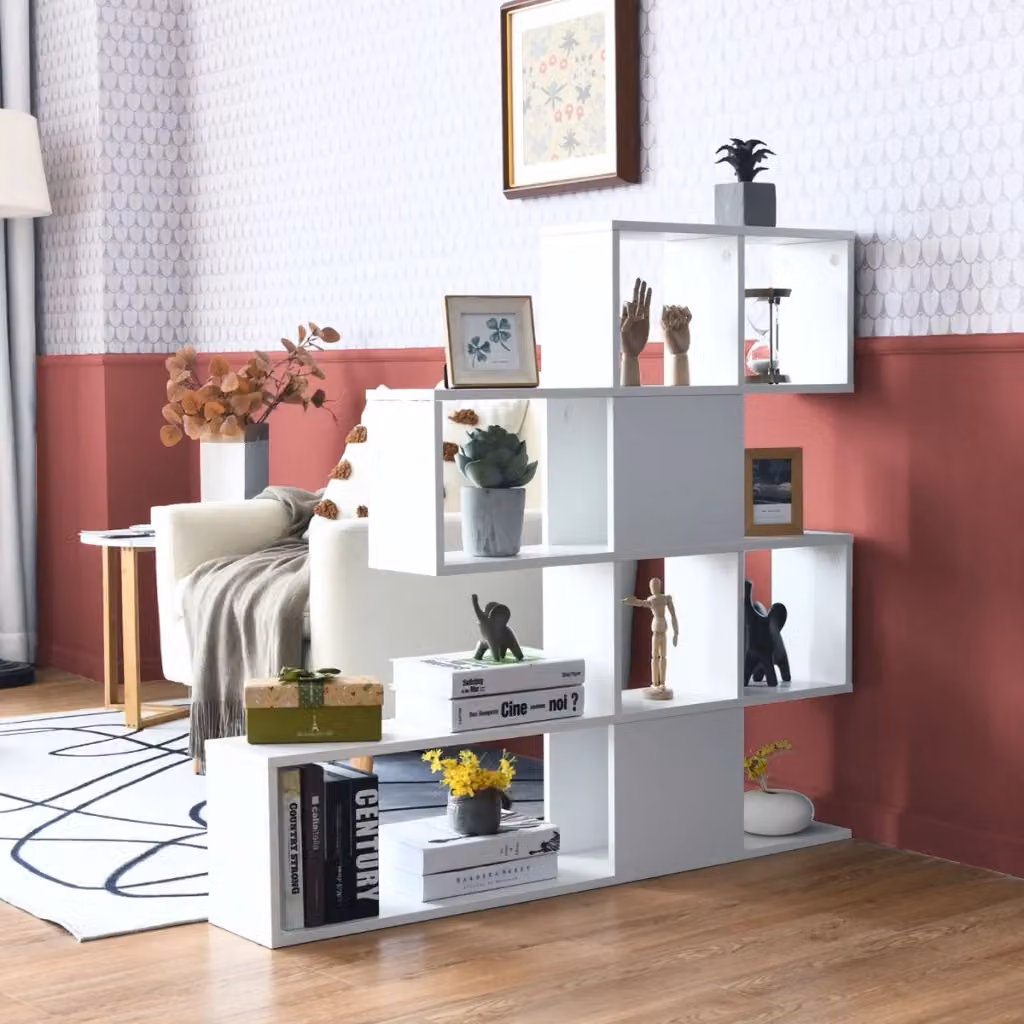 Libreria a scala moderna con 5 livelli e ante in legno e MDF, scaffale decorativo bianco per soggiorno, camera da letto o ufficio – 2