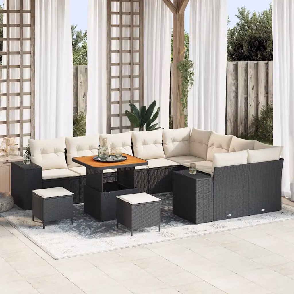 Set Divano da Giardino vidaXL 12 Pezzi con Cuscini Nero e Beige in Acciaio Verniciato a Polvere – 1