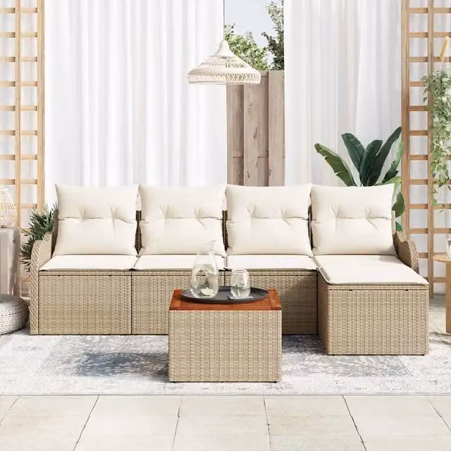 Set Divano da Giardino a L con Poltrona, Tavolino e Pouf vidaXL, 6 Pezzi, Beige