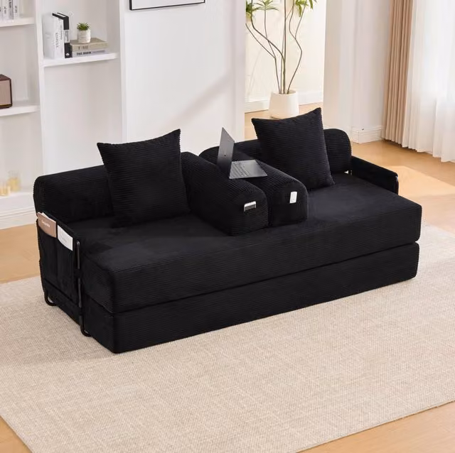 Divano modulare 200x94x67 cm nero con tasca laterale, struttura in metallo e tessuto a coste