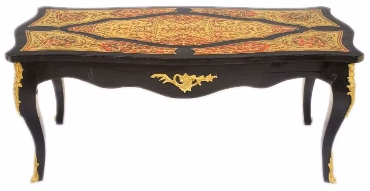 Tavolino da caffè in stile barocco, marca Casa Padrino, con intarsi "boulle", nero/oro/rosso, dimensioni 130 x 85 x 45 cm