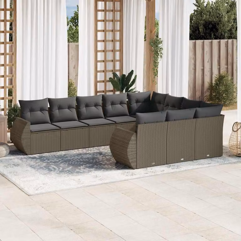 vidaXL Set Divano da Giardino a L 10 pz in Polyrattan Grigio con Cuscini Imbottiti e Rivestimenti Rimovibili