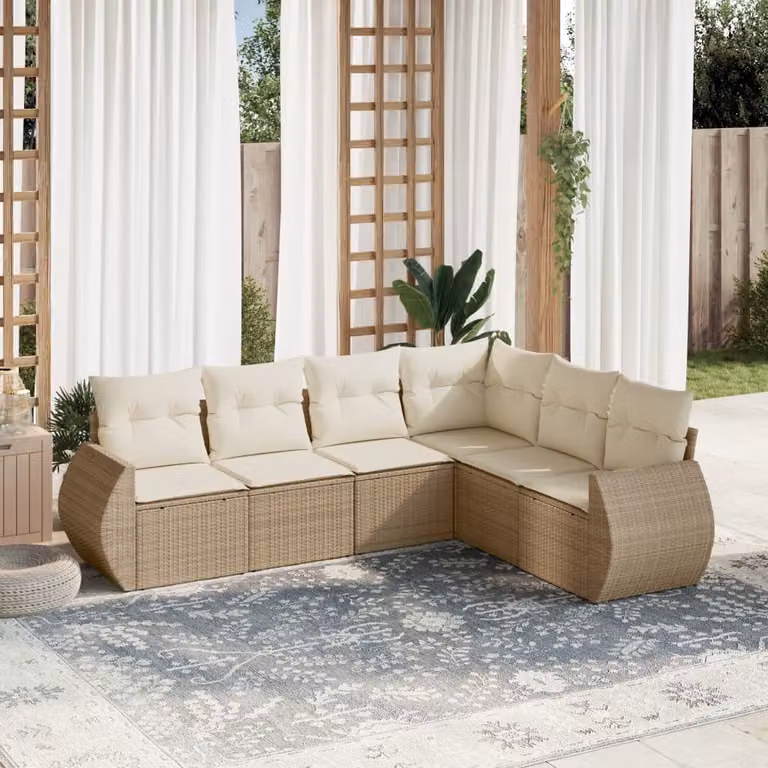 Set Divano da Giardino vidaXL 6 pz a L in Polyrattan con Cuscini Beige e Bianchi