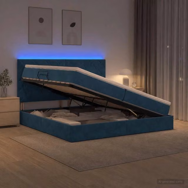 Letto con contenitore vidaXL in velluto blu con illuminazione LED e porta USB, L/P/H: 200 x 200 x 140 cm – 1