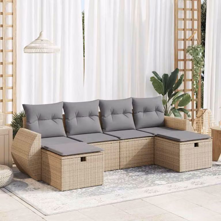Set Divano da Giardino vidaXL in Polyrattan 6 pz con Cuscini Beige e Grigio a Forma di L