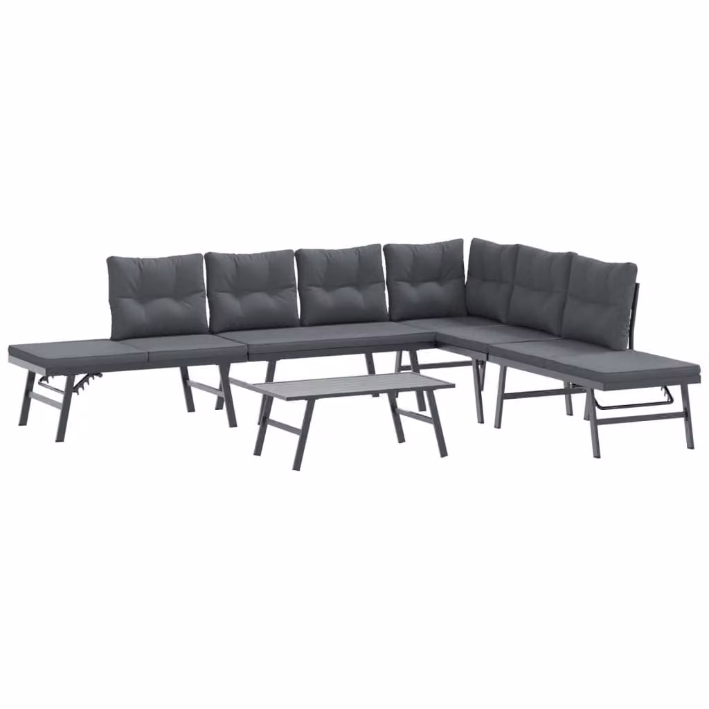Set Panche Giardino Cuscini 5pz Nere Acciaio Verniciato Polvere