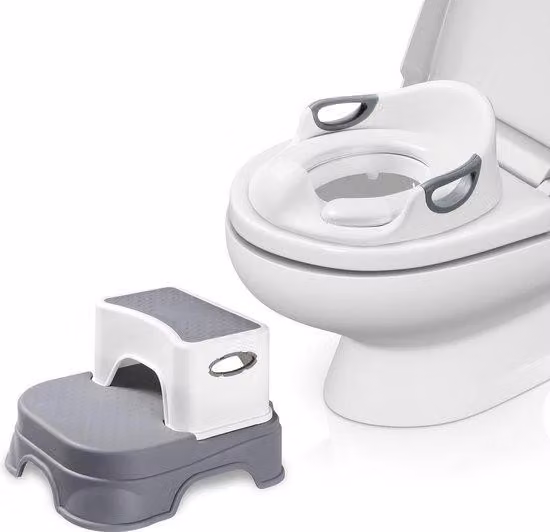 Sgabello da bagno per bambini con gradini, vasino con gradini per bambini da 1 a 7 anni, sedile da bagno per bambini, sedile per neonati con cuscino antiscivolo e portarotolo (grigio)