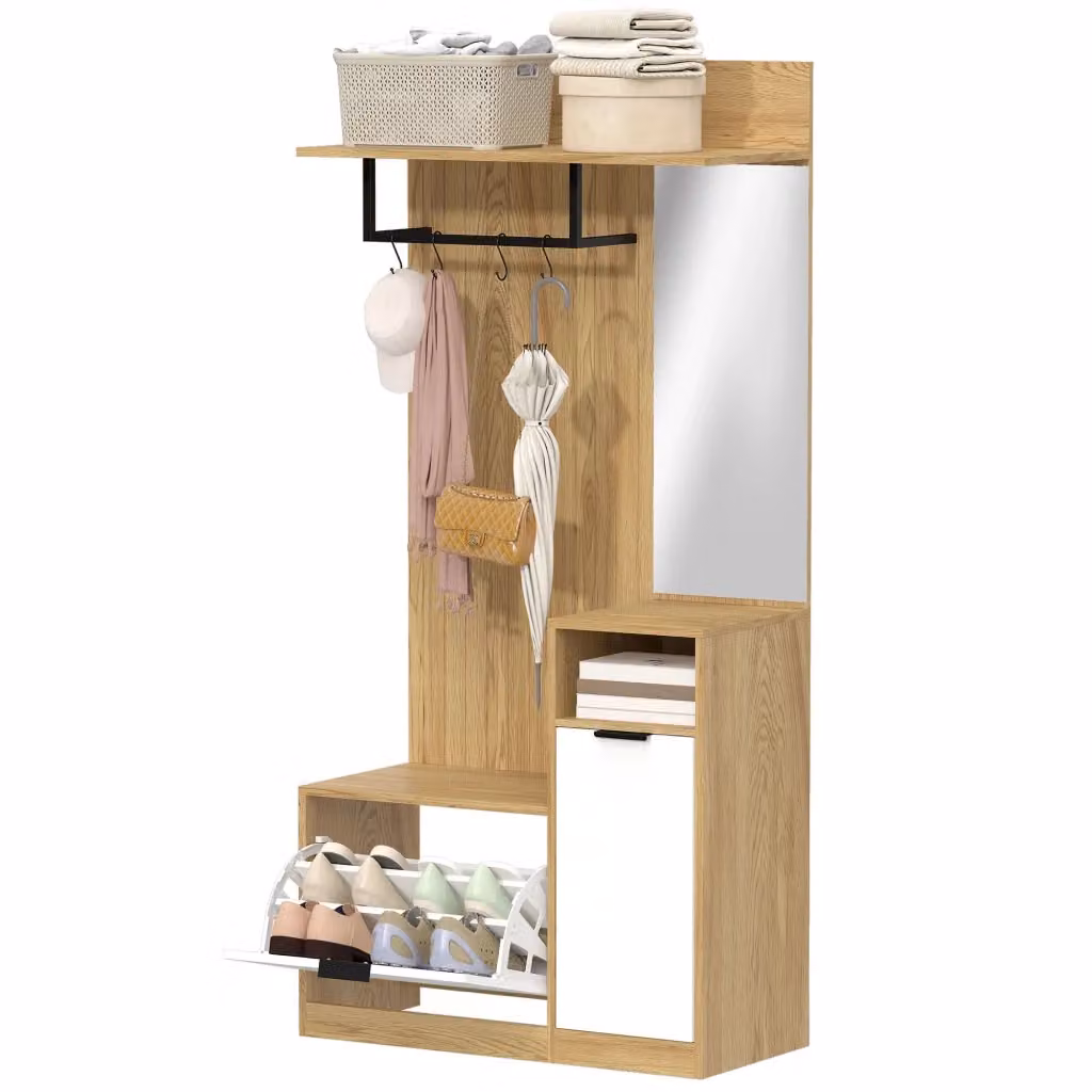 Appendiabiti da Ingresso Moderno con Panca, Scarpiera e Armadietto, Rovere e Bianco, H: 190 cm, L: 168 cm, P: 36 cm – 2