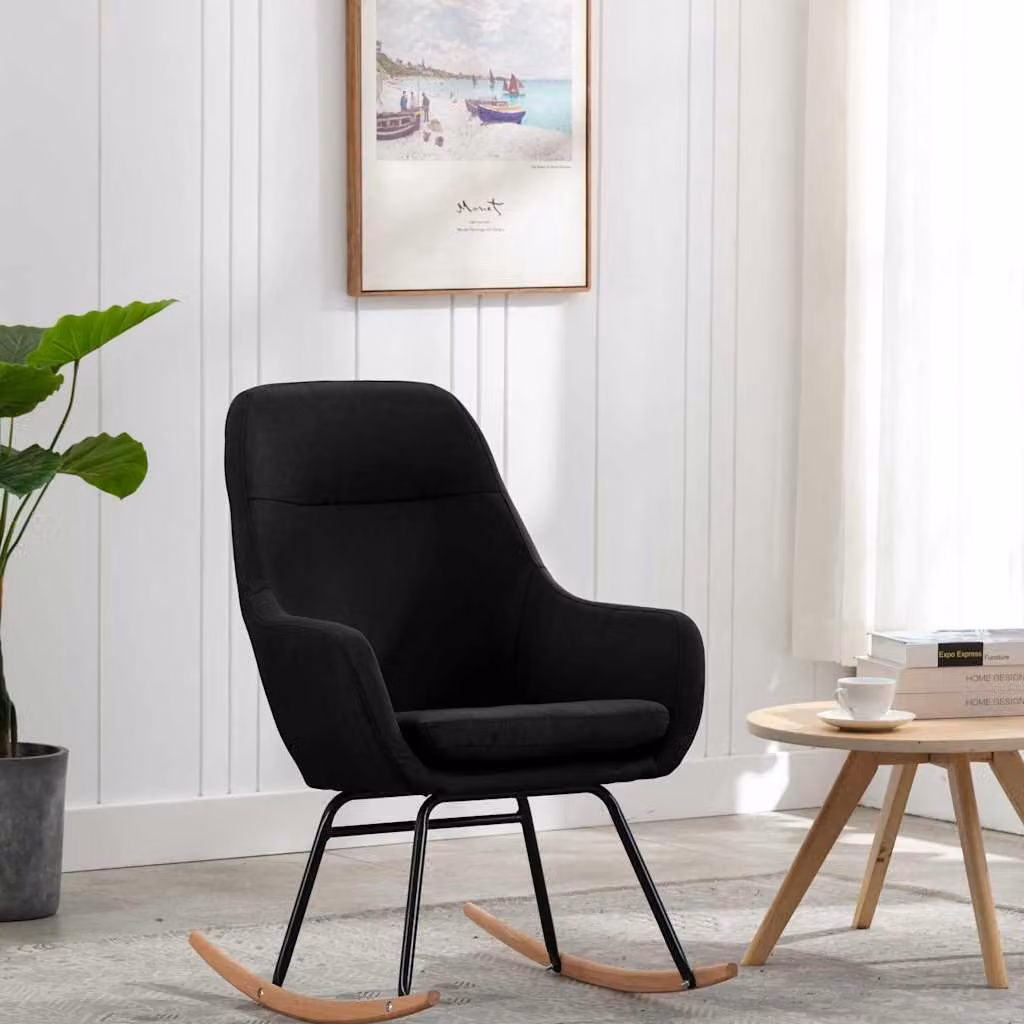 Sedia a dondolo vidaXL in tessuto nero e legno di faggio per giardino e soggiorno, H 110 cm x L 80,5 cm x P 89 cm