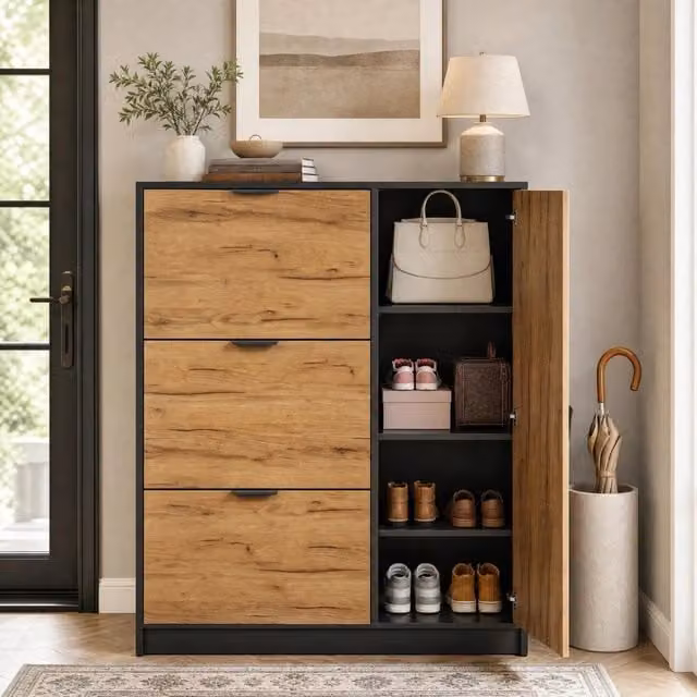Scarpiera con 3 vani a ribalta e anta; ripiani removibili in MDF naturale e nero; portata 50 kg 100 × 30 × 130 cm