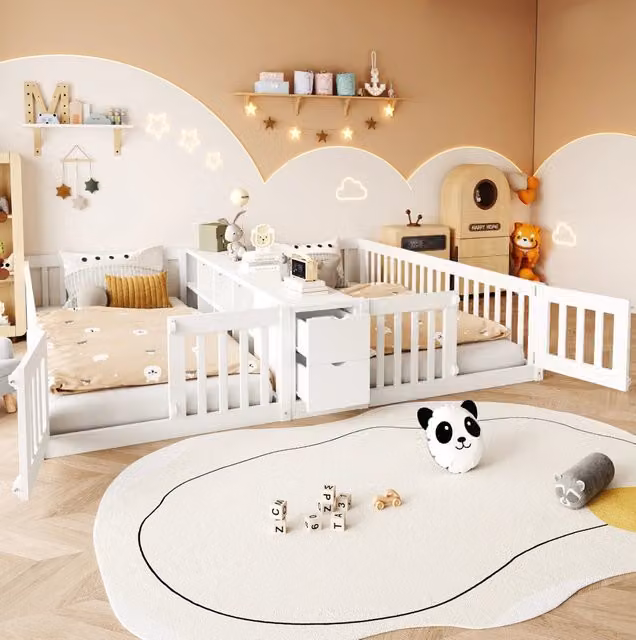 Letto doppio per bambini ULEVR 2x90x200 cm con 2 cassetti, ripiani centrali e sponde alte, bianco