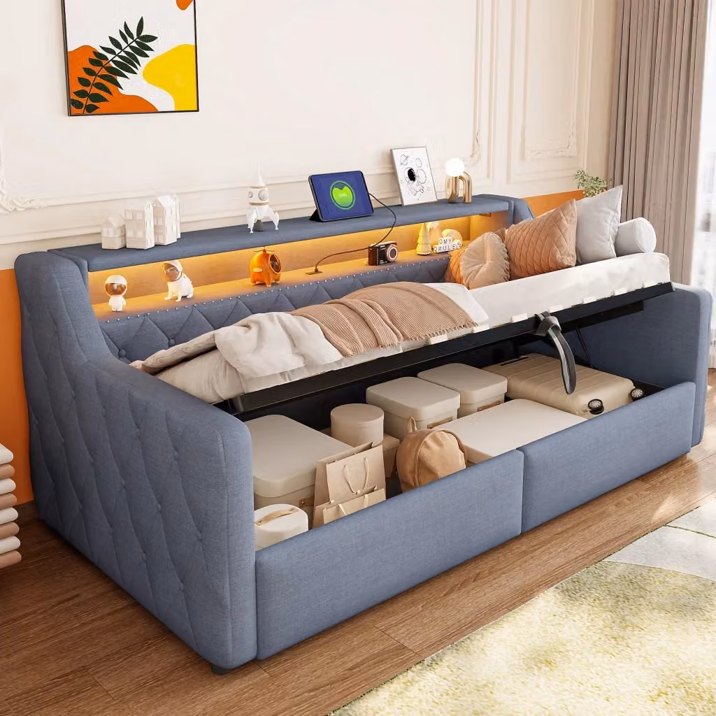 Divano letto singolo Chicfurn grigio con vano idraulico, luci LED e porte USB e Type-C, L/P/H: 200 x 90 x 77 cm – 2