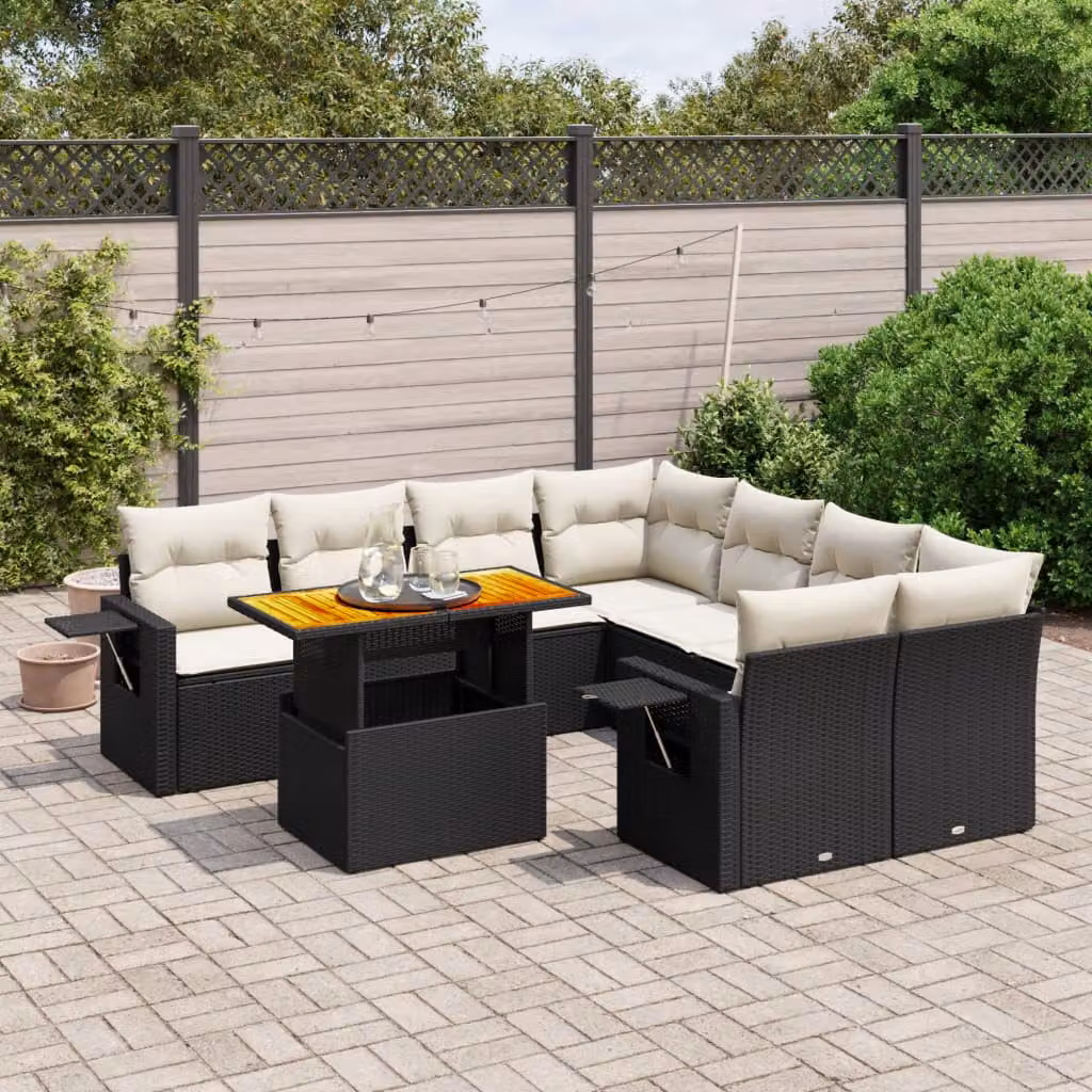 vidaXL Set Divani da Giardino a L 9 pz in Polyrattan Nero con Cuscini e Tavolino – 1